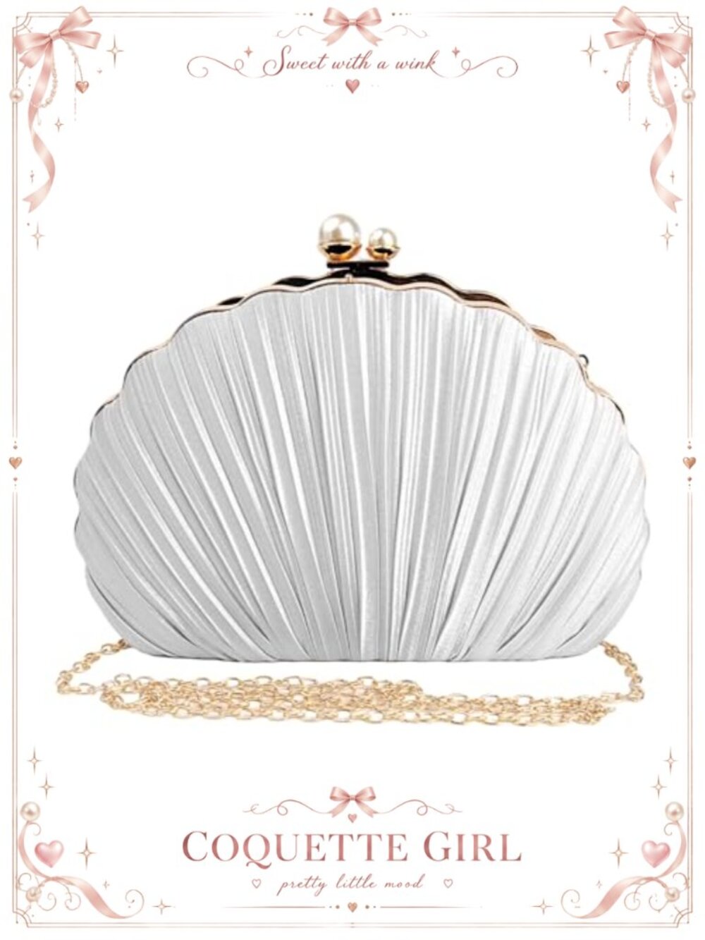Pearl Clutch Seashell Evening Bag Textured Fabric Crossbody Chain Strap